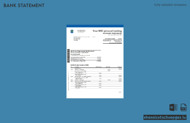 Kontoauszug der Royal Bank of Canada (RBC), Word-Dokument, 4 Seiten, Version 2, Beispielvorschau